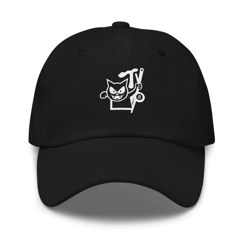 gorra negra MPoolTV con logo impreso